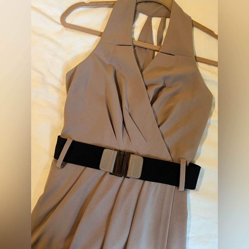 Tan halter cocktail wrap dress